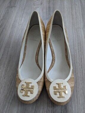 Tory Burch Natural Raffia and White Logo Ballet Flats